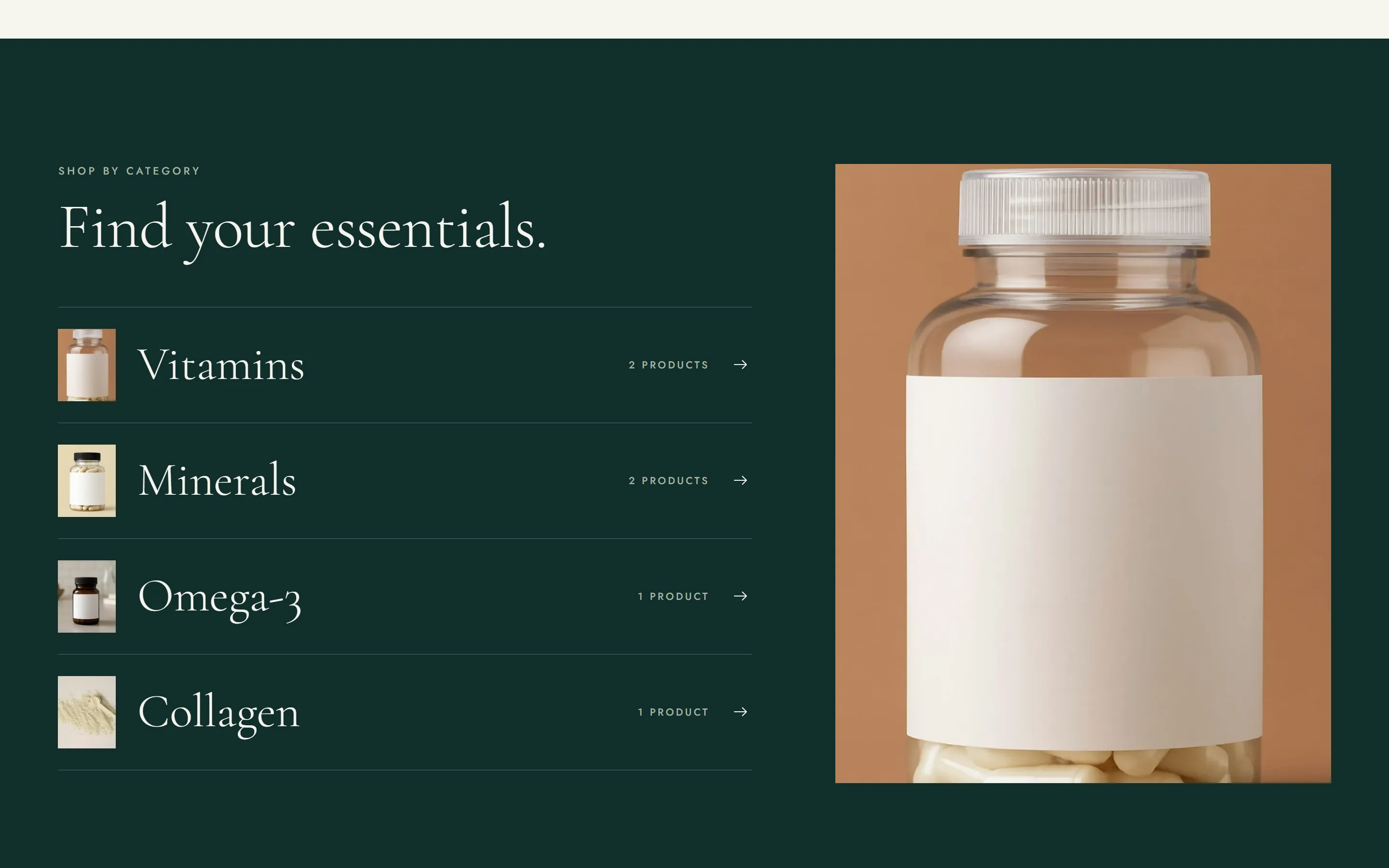 “Find your essentials.”: vitamins, minerals, omega-3 and collagen