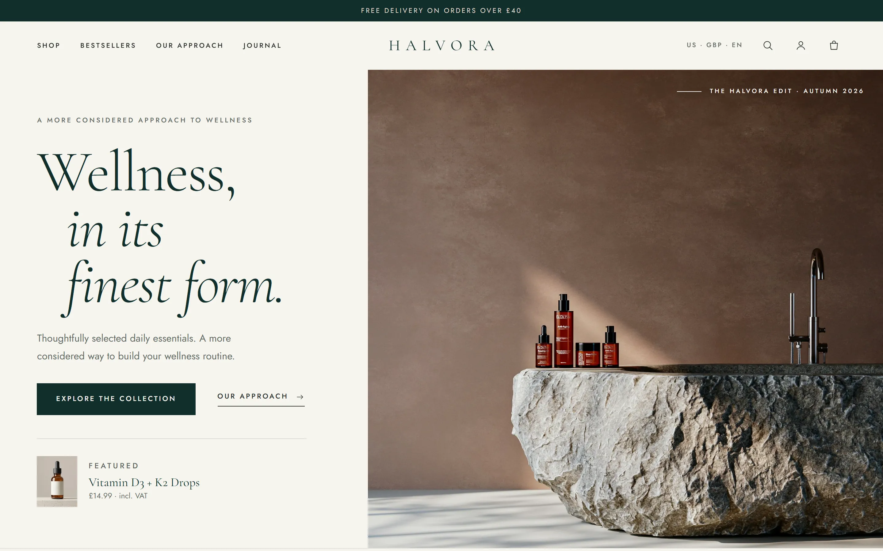 HALVORA homepage: “Wellness, in its finest form.”