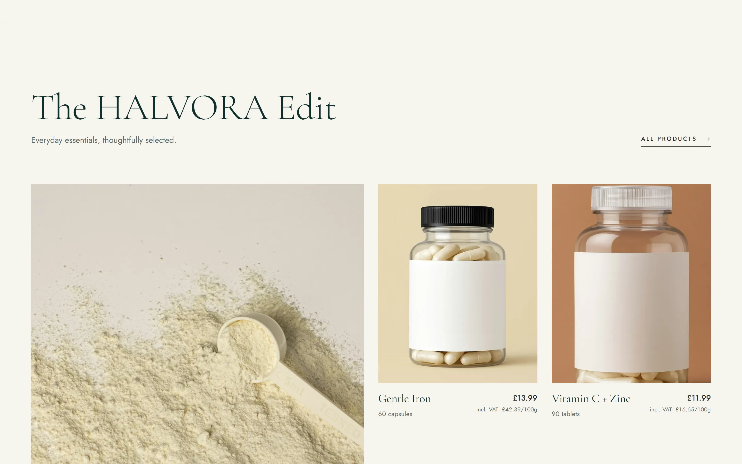 “The HALVORA Edit”: supplement products with prices including VAT and unit prices