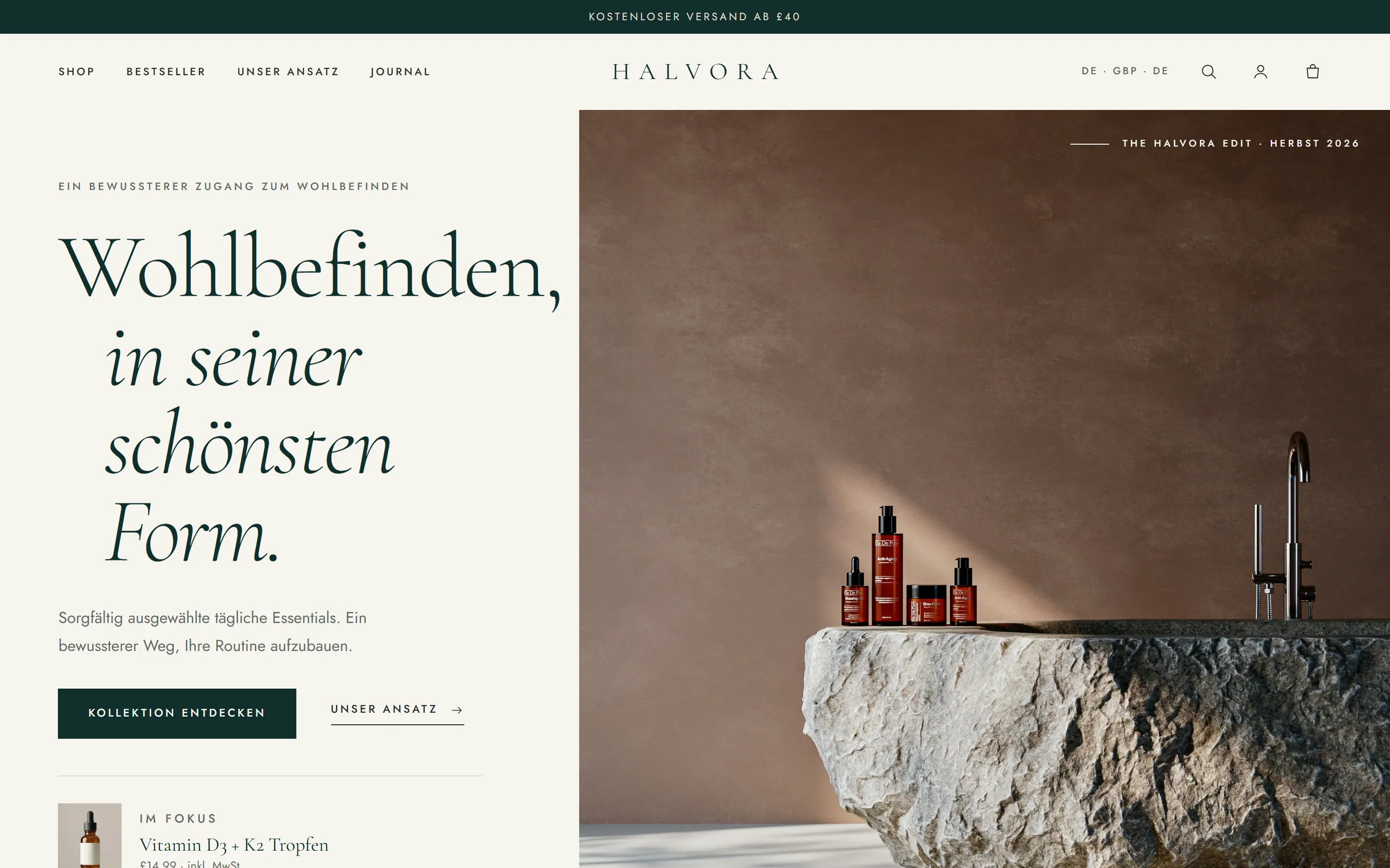 The German storefront: “Wohlbefinden, in seiner schönsten Form.”