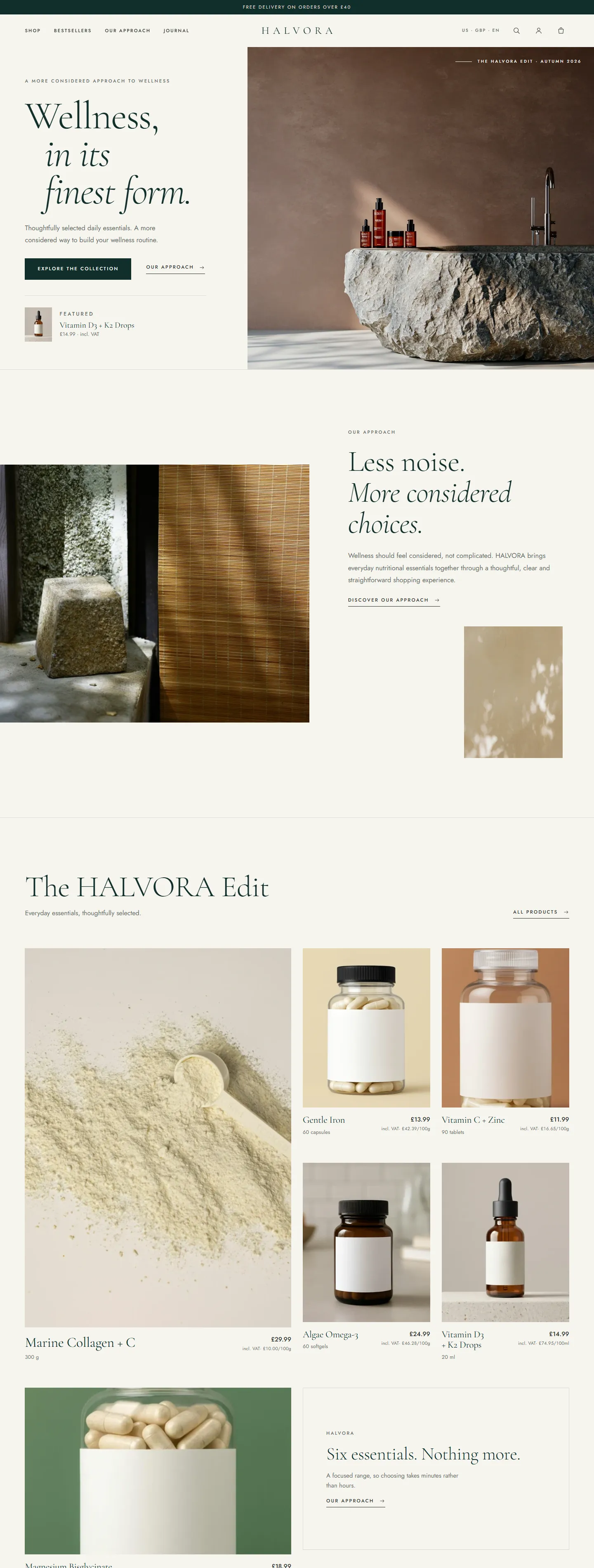 Full HALVORA homepage, from hero to the approach story and the product edit