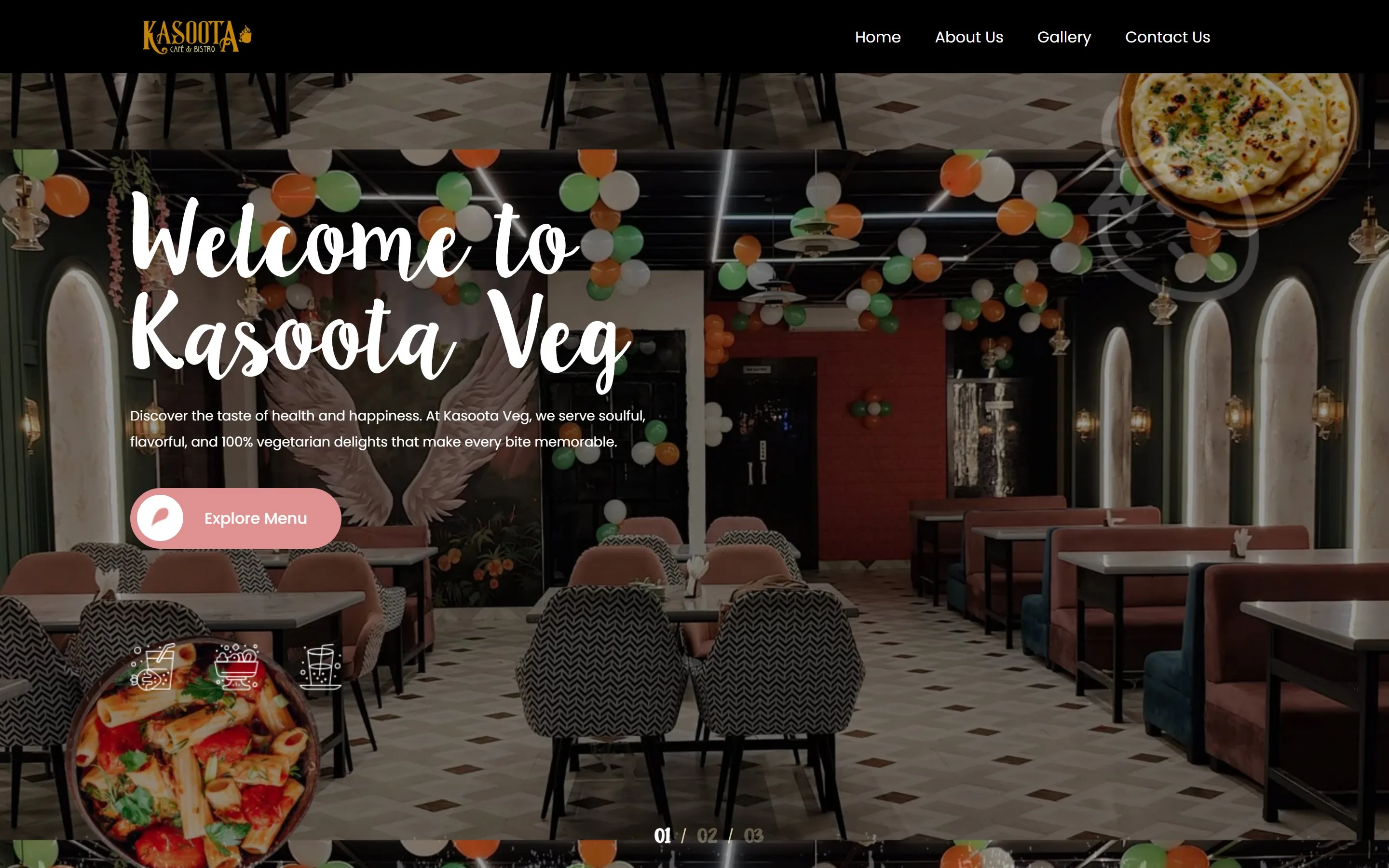 Kasoota homepage: “Welcome to Kasoota Veg” over the dining room