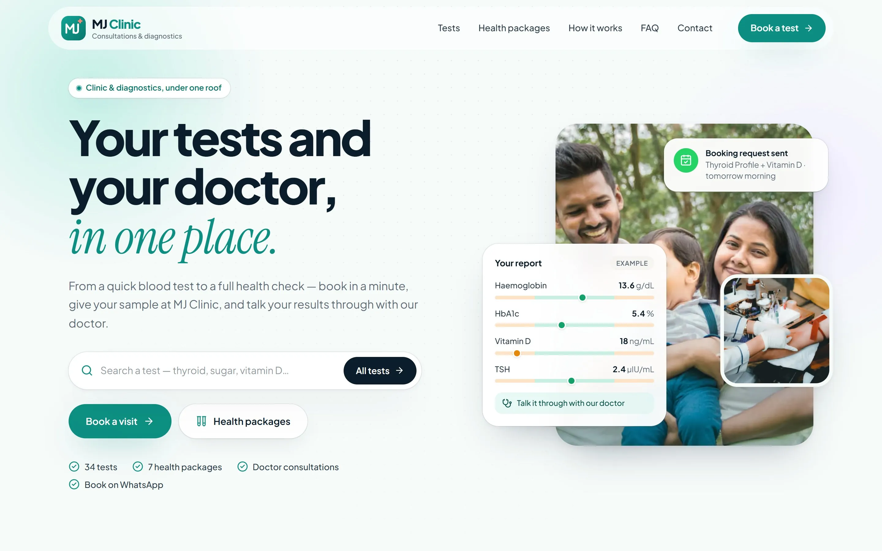 MJ Clinic homepage: “Your tests and your doctor, in one place.” with a test search
