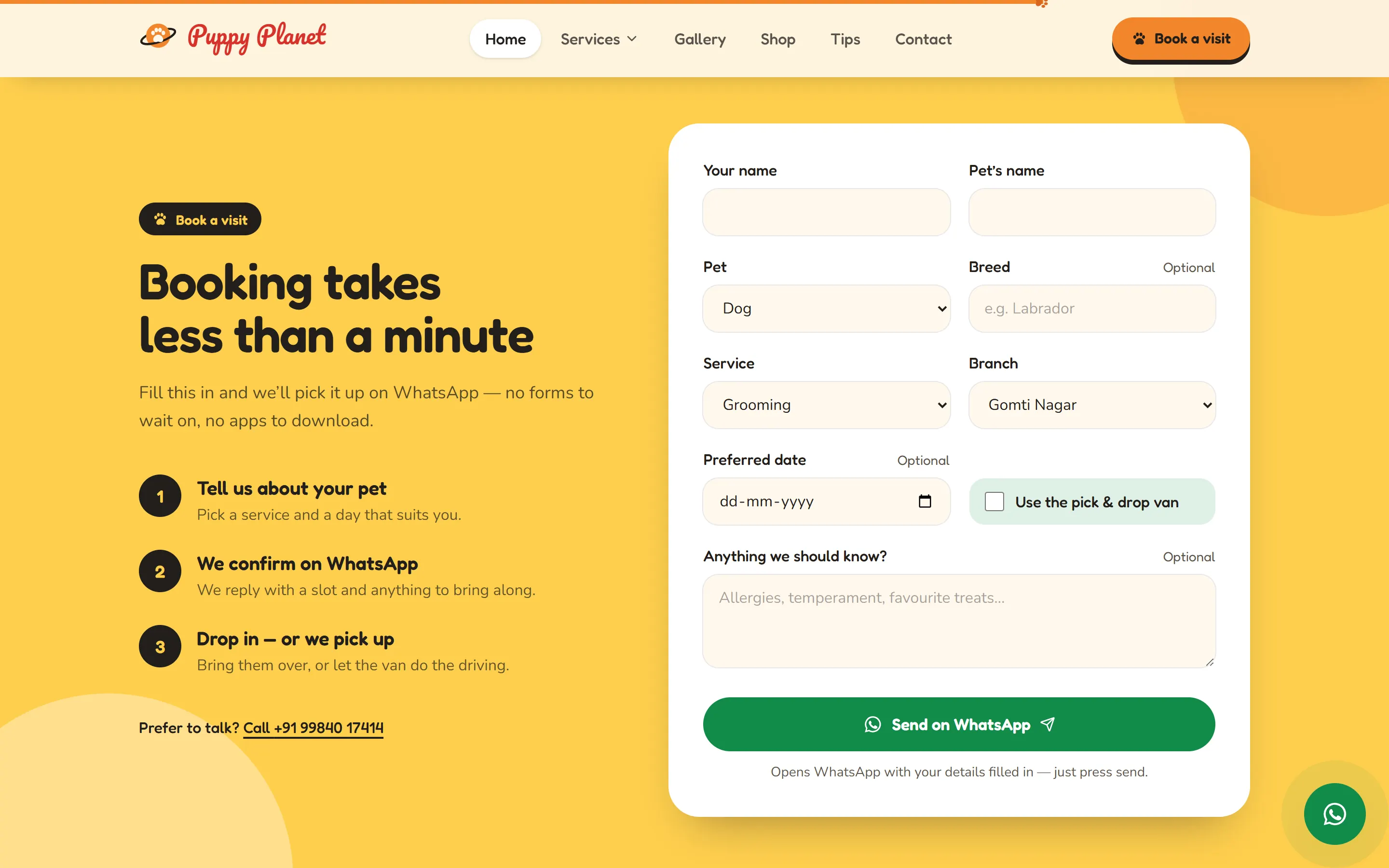 Puppy Planet booking form that sends the details on WhatsApp, with a branch choice