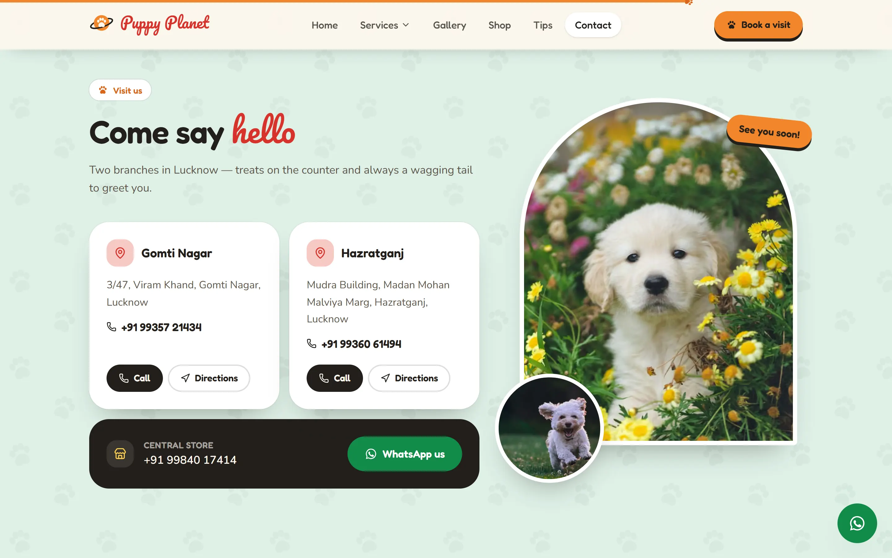 Puppy Planet branches: Gomti Nagar and Hazratganj with call and directions buttons