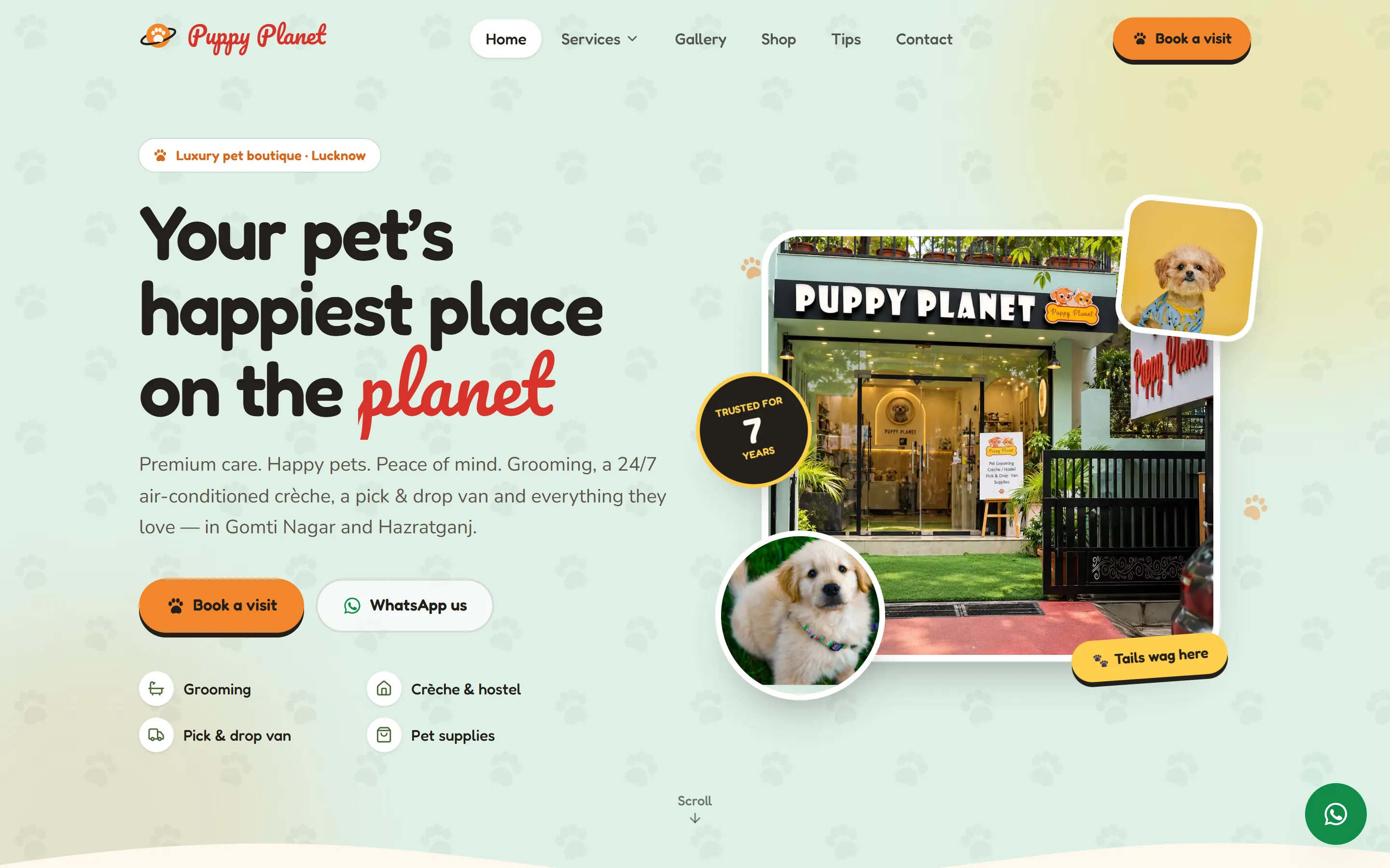 Puppy Planet homepage: “Your pet’s happiest place on the planet” beside the shop front