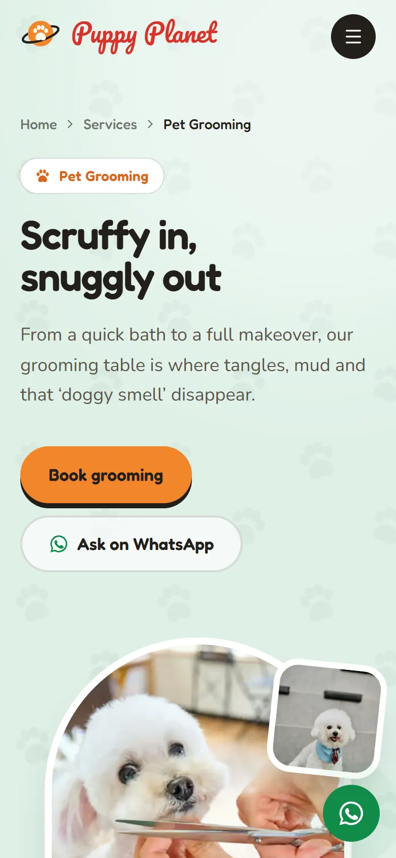 Puppy Planet grooming page on a phone