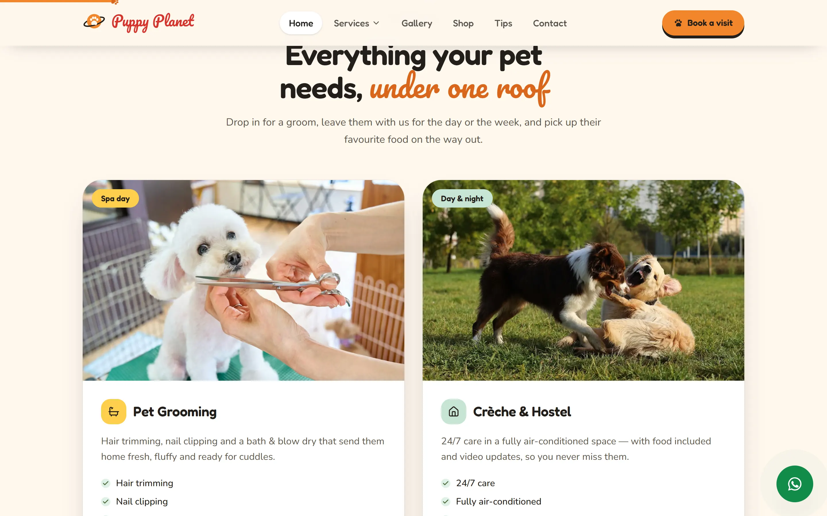 Puppy Planet services: Pet Grooming and Crèche & Hostel cards with photos