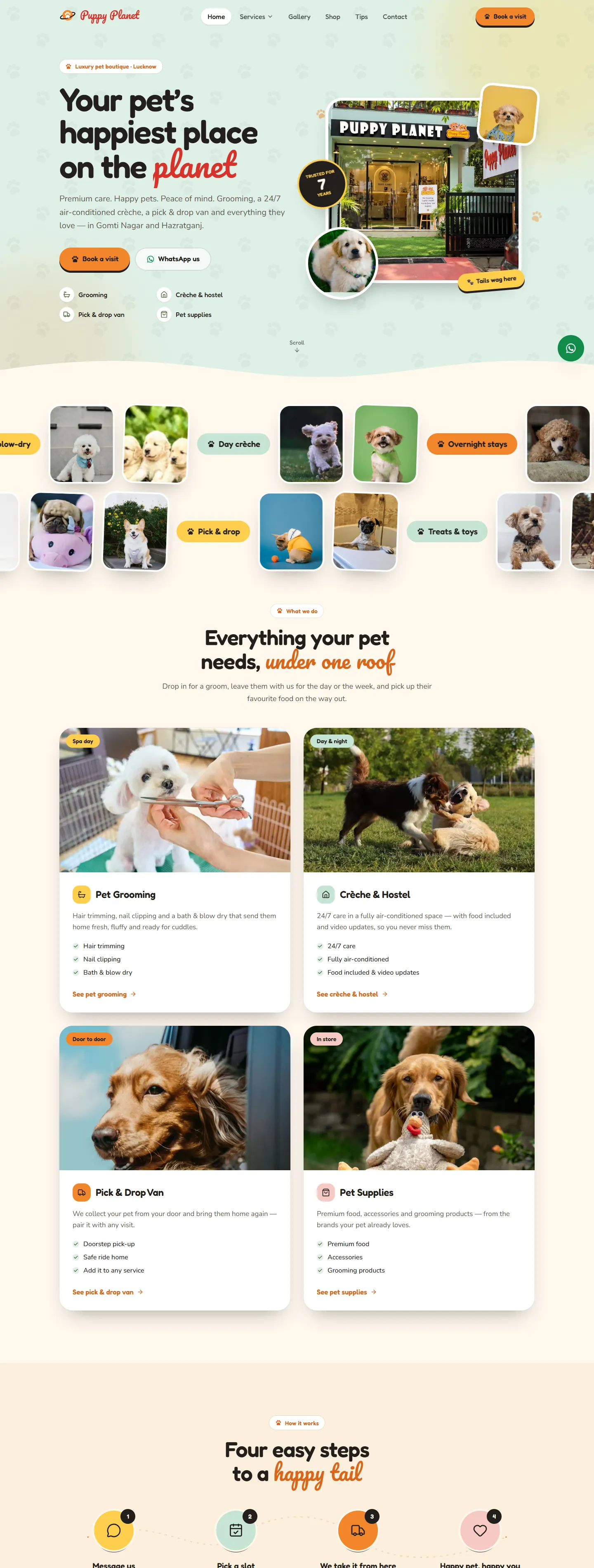 Full Puppy Planet homepage, from the hero to the services, the space and the gallery