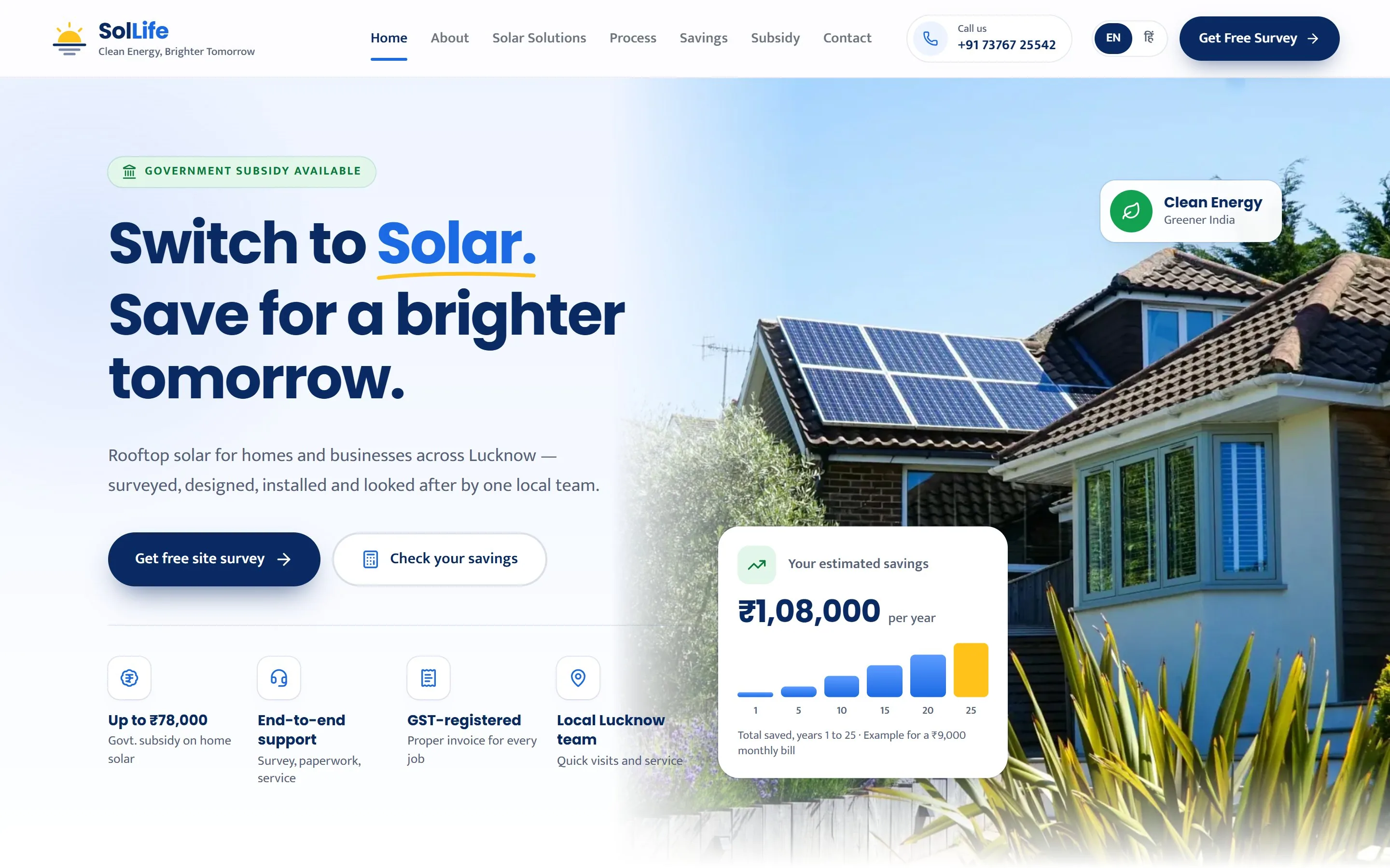Sol Life Energy homepage: “Switch to Solar. Save for a brighter tomorrow.”