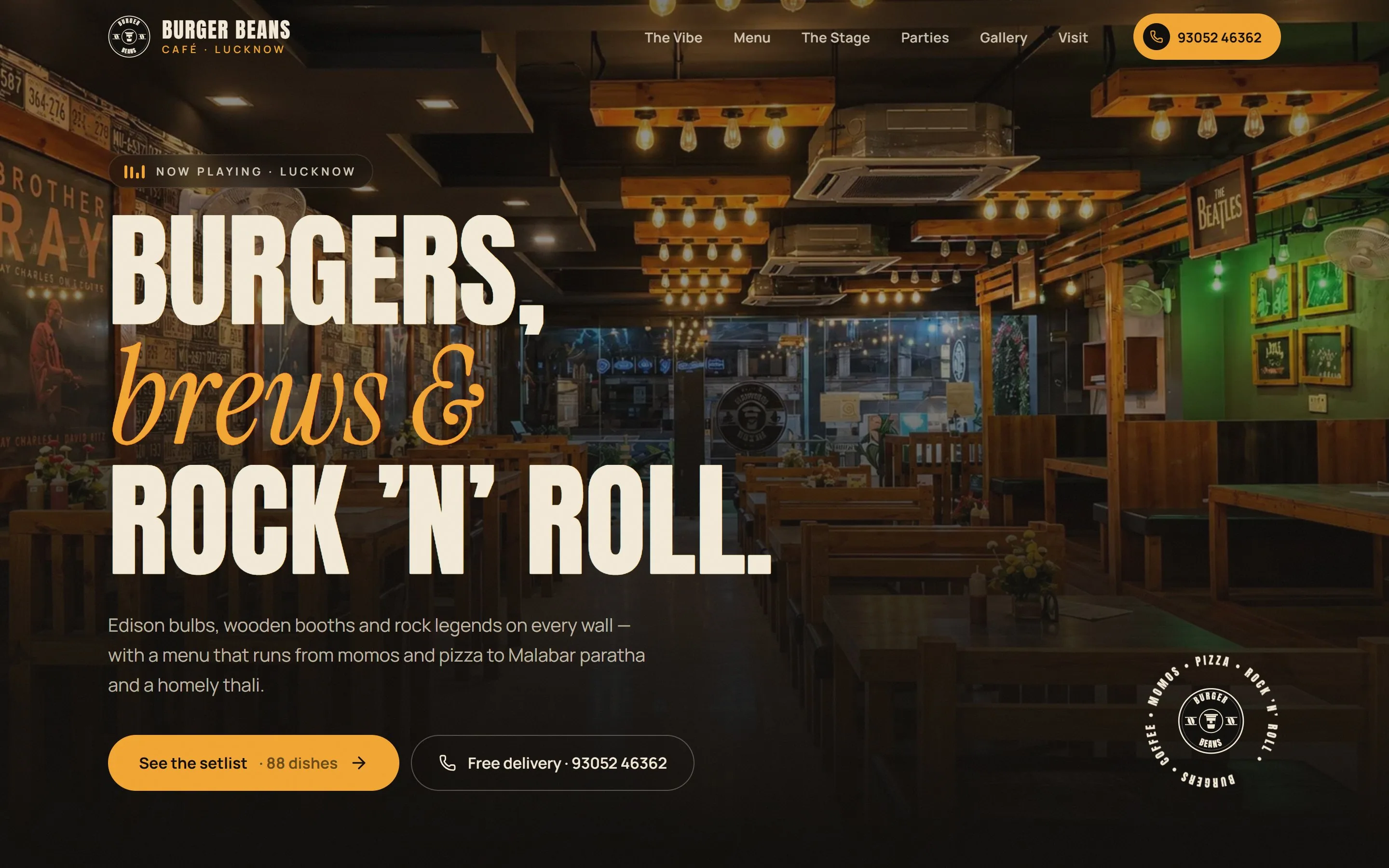 Burger Beans homepage: “Burgers, brews & rock ’n’ roll.” over a photo of the café