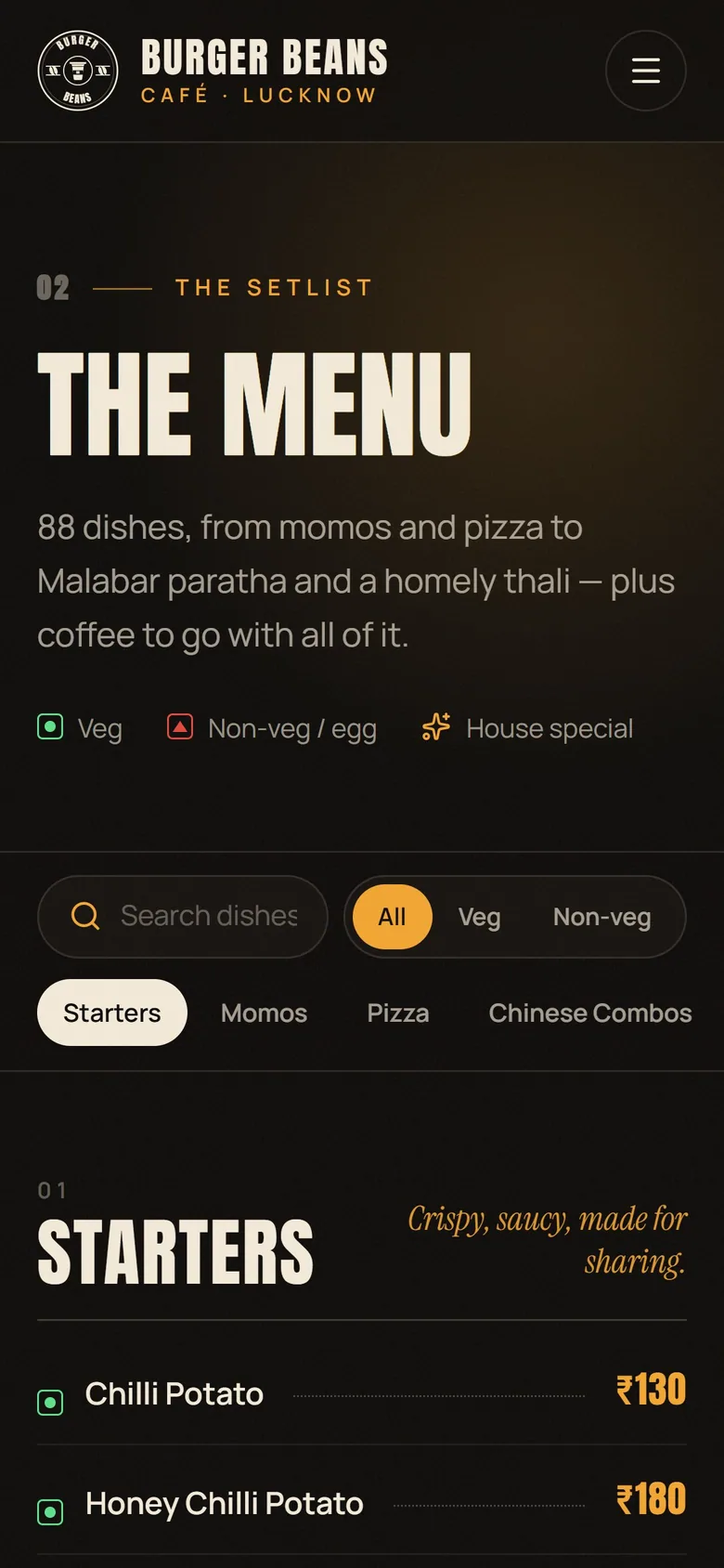 Burger Beans menu page on a phone