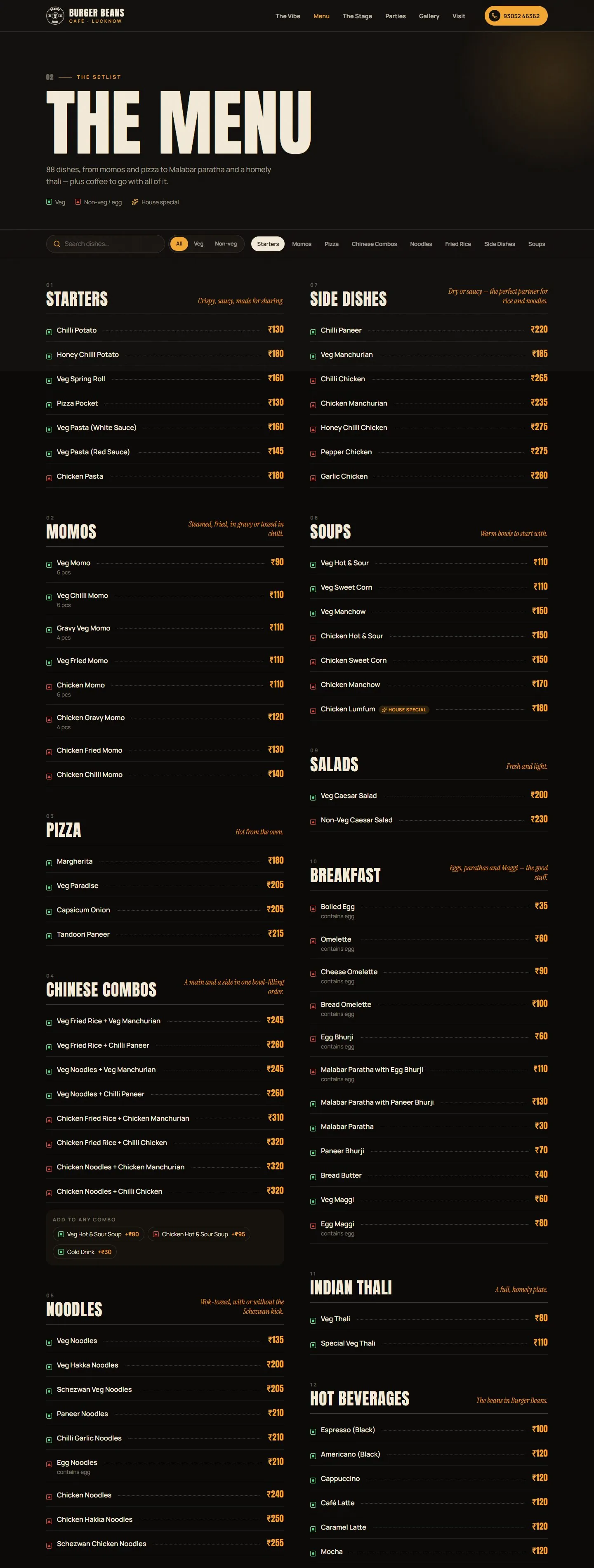 The full Burger Beans menu page, from starters and momos to hot beverages