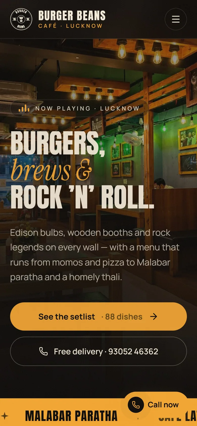 Burger Beans homepage on a phone with a call-now button
