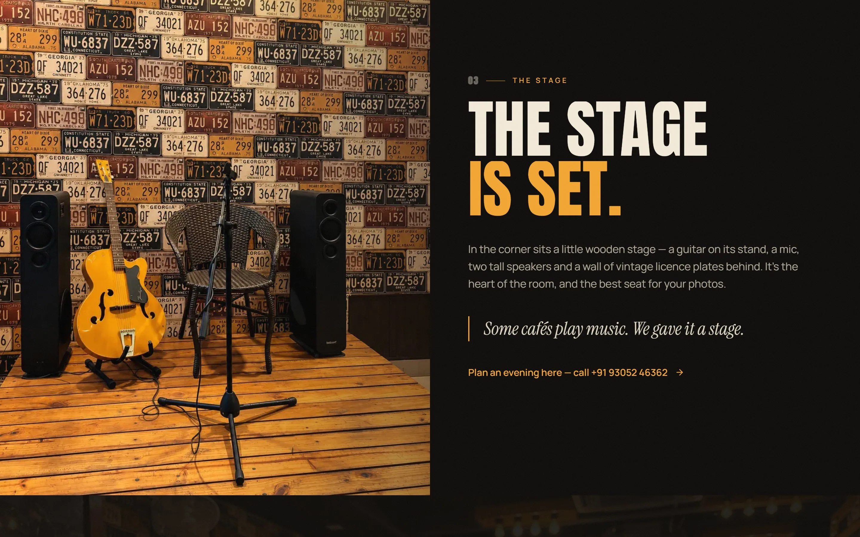 Burger Beans “The stage is set” section with the café's music corner