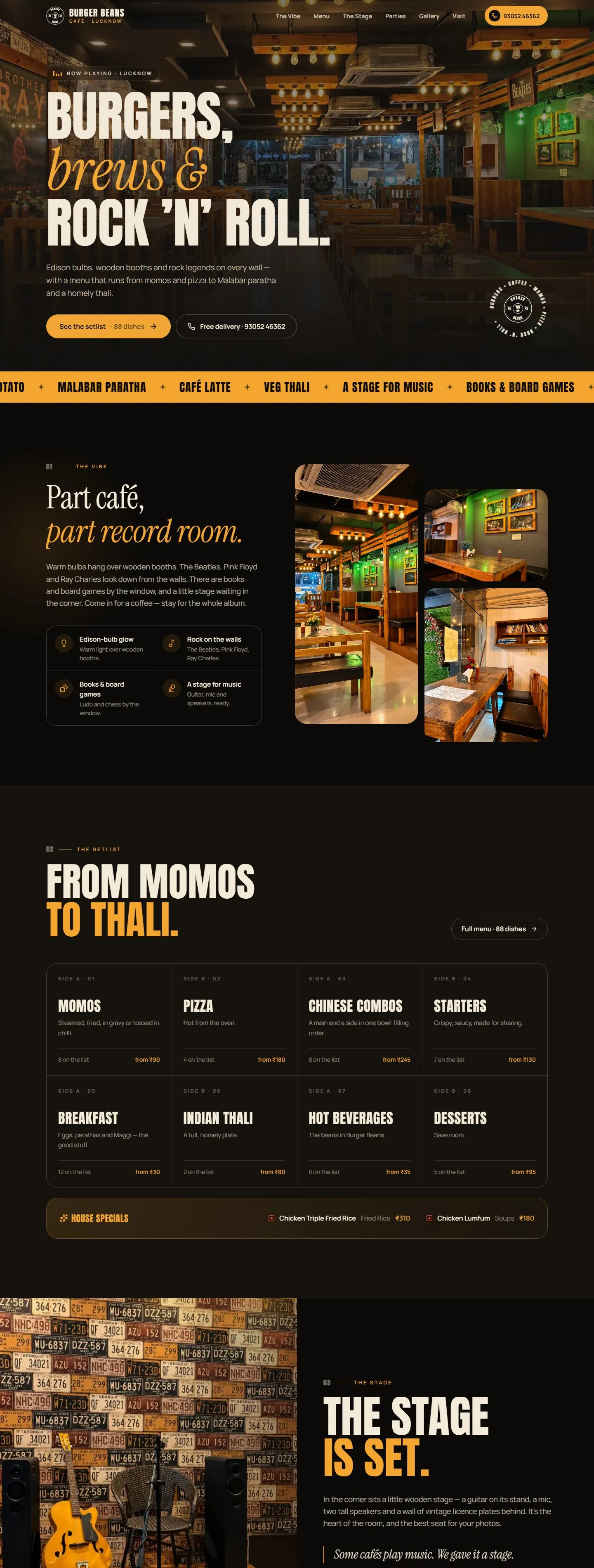 Full Burger Beans homepage, from hero to the menu and the stage