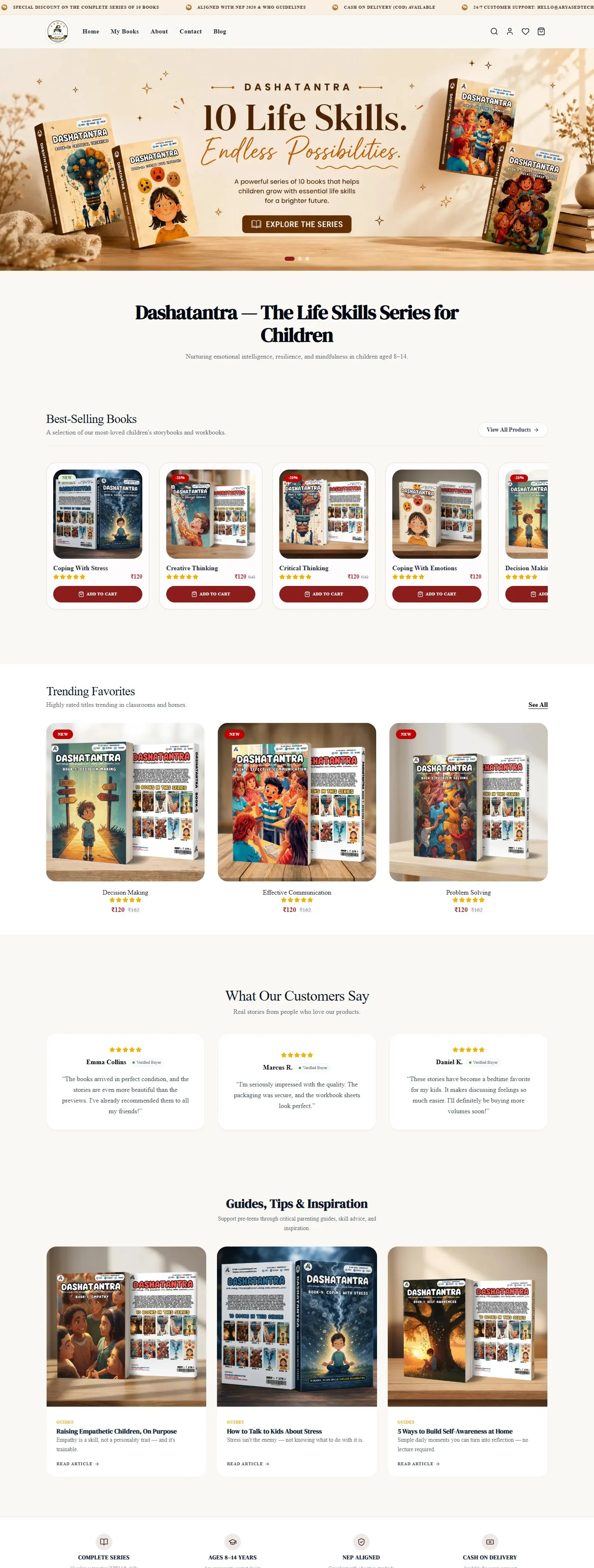 Full Dashatantra homepage, from hero to best-selling books and the blog