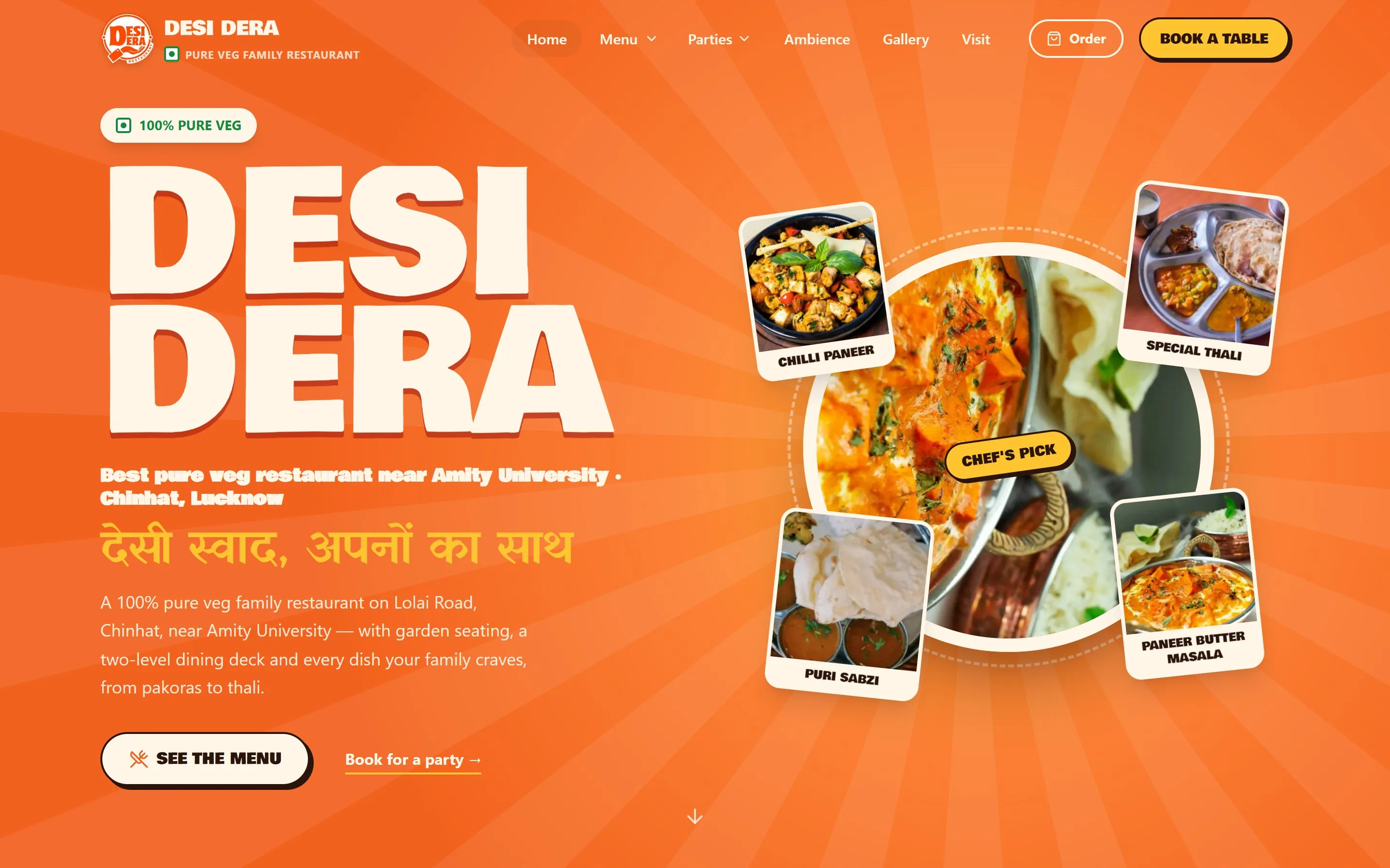 Desi Dera homepage with dish photos and “Book a table”