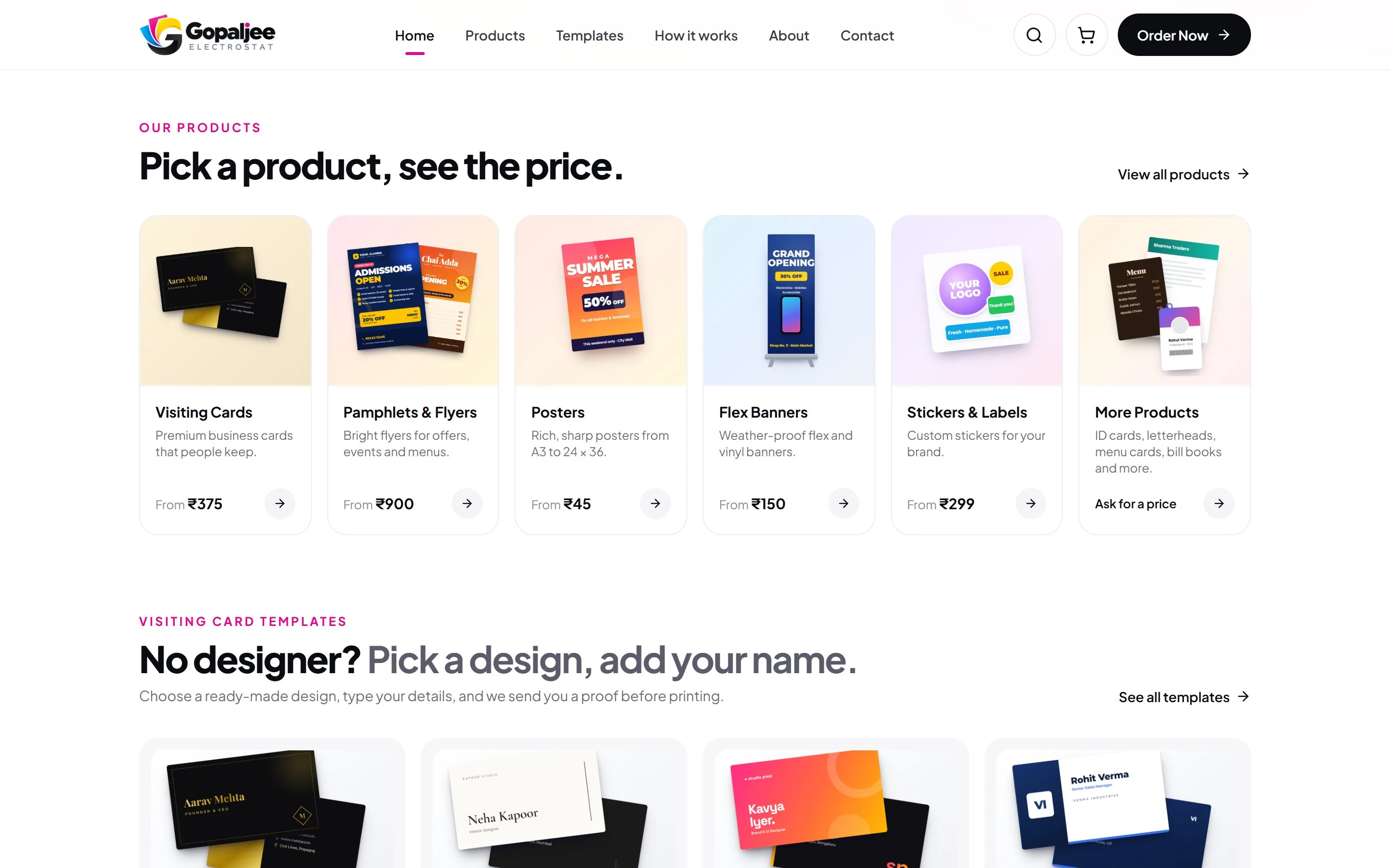 Gopaljee product grid with starting prices for visiting cards, pamphlets, posters and banners