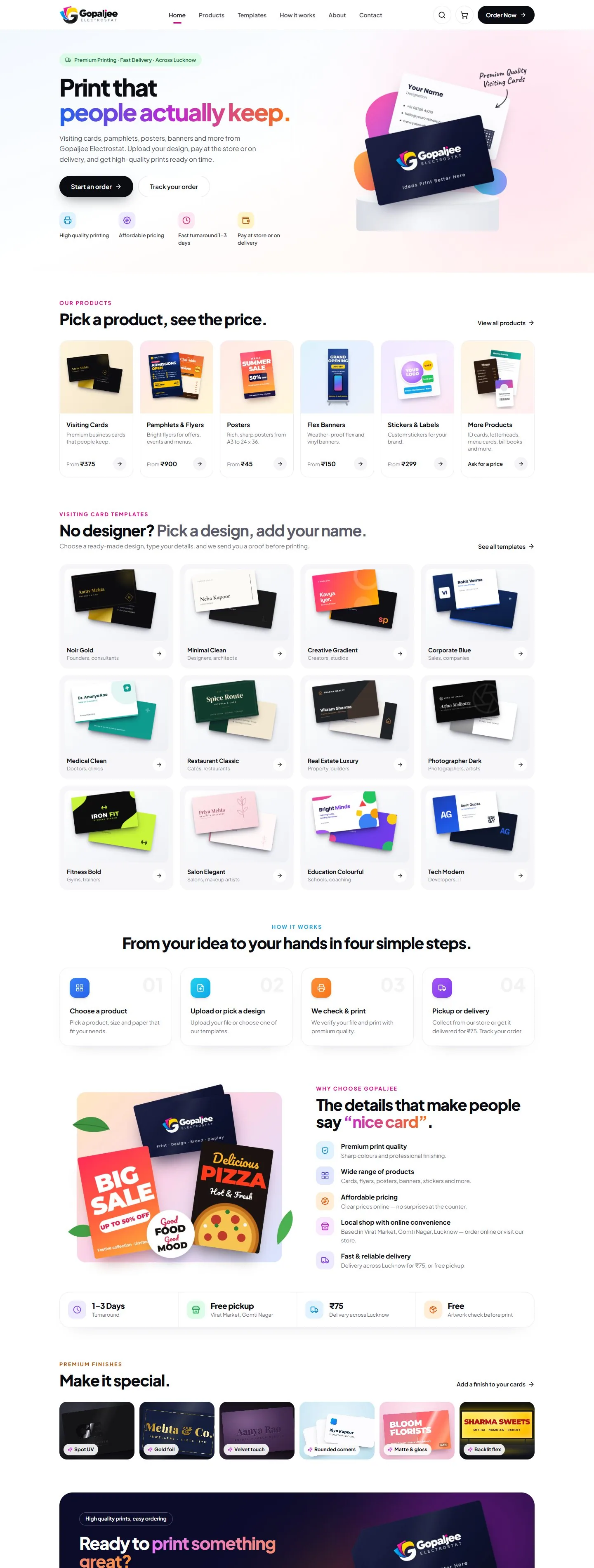 Full Gopaljee Electrostat homepage, from hero to products and templates