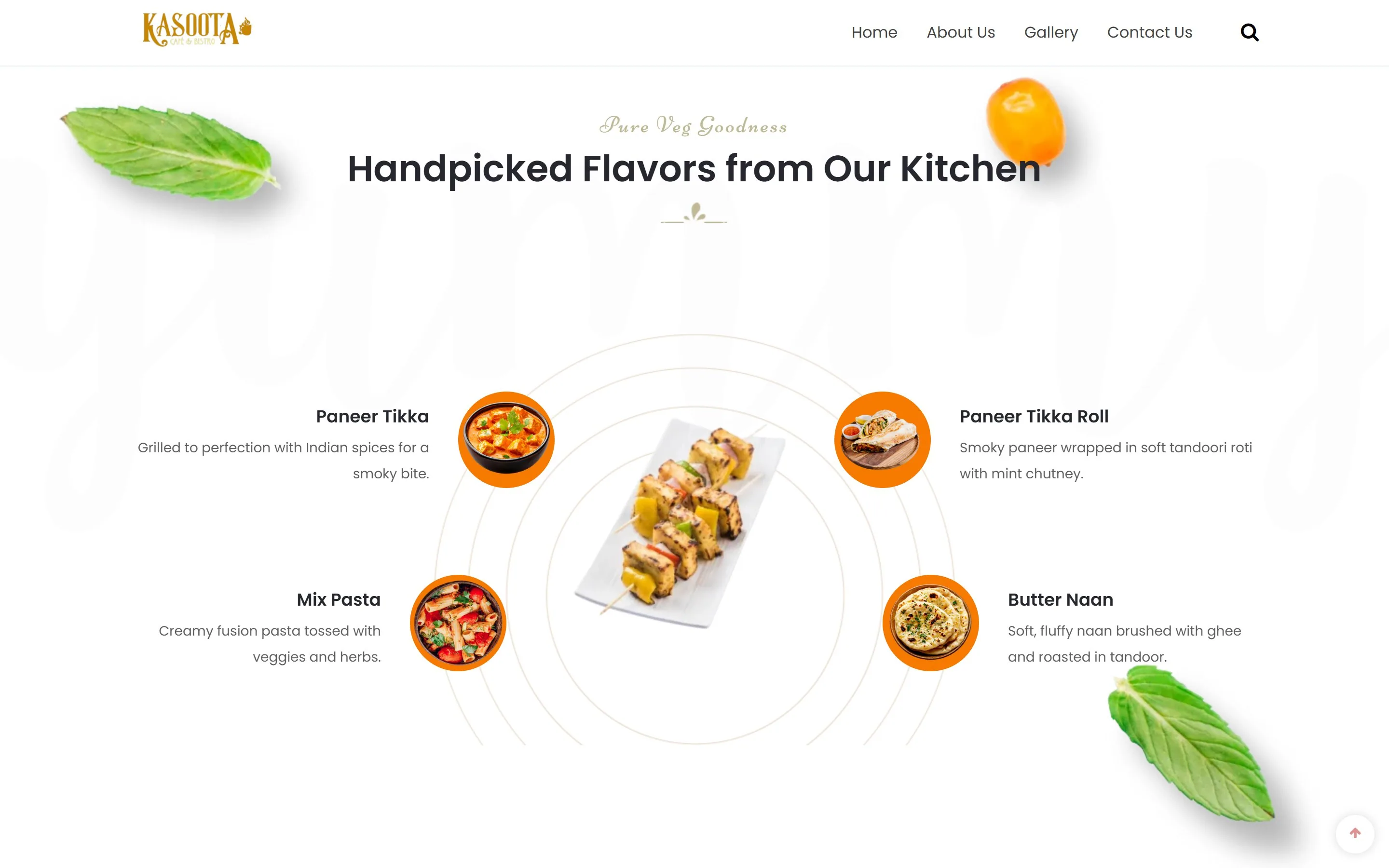 Kasoota “Handpicked Flavors from Our Kitchen” dishes section