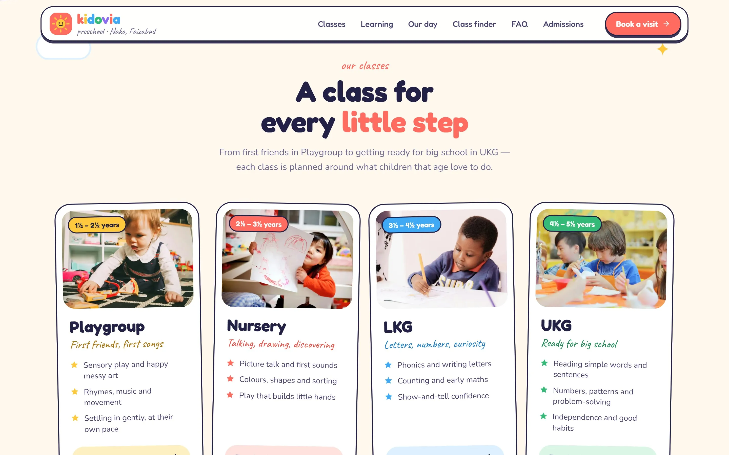 Kidovia's four classes — Playgroup, Nursery, LKG and UKG — with age bands