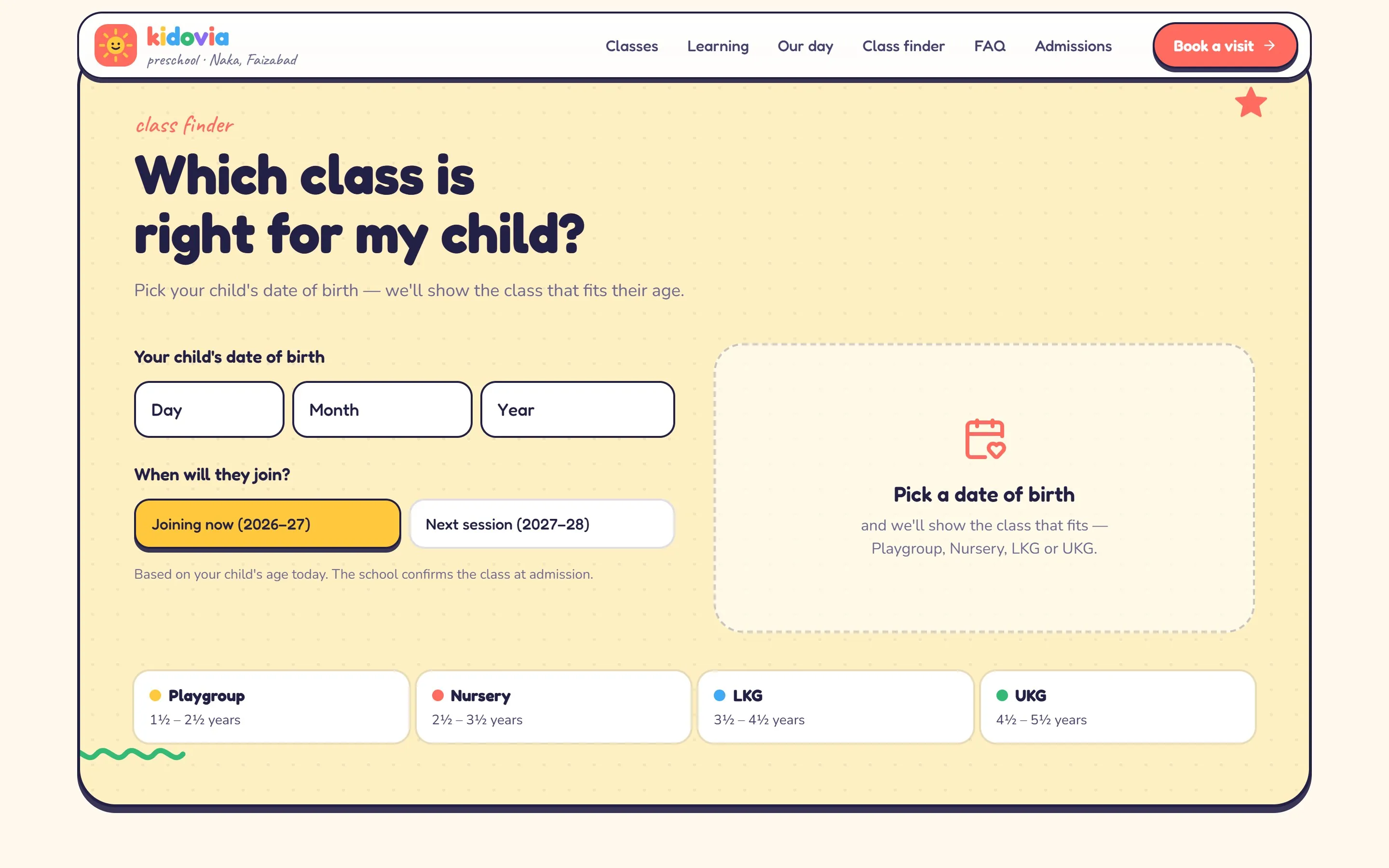 Kidovia class finder: “Which class is right for my child?” with a date-of-birth picker