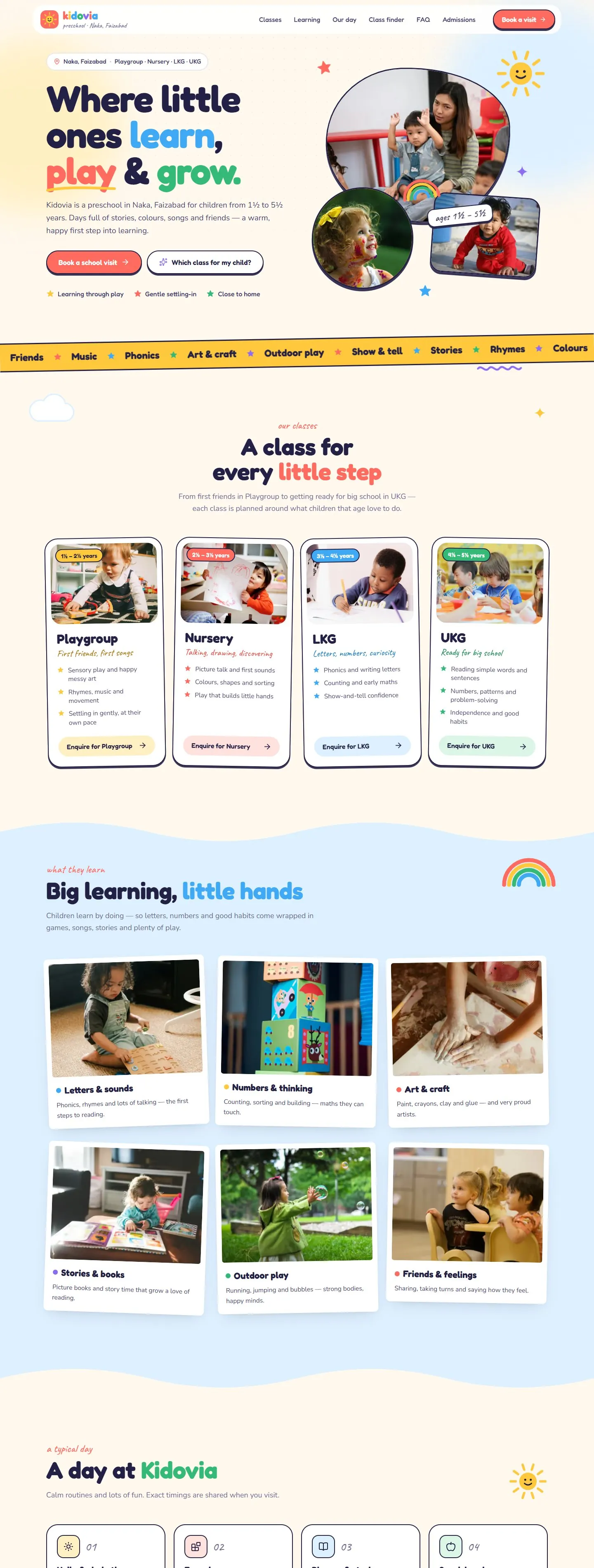 Full Kidovia Preschool homepage, from hero to classes, learning areas and the school day