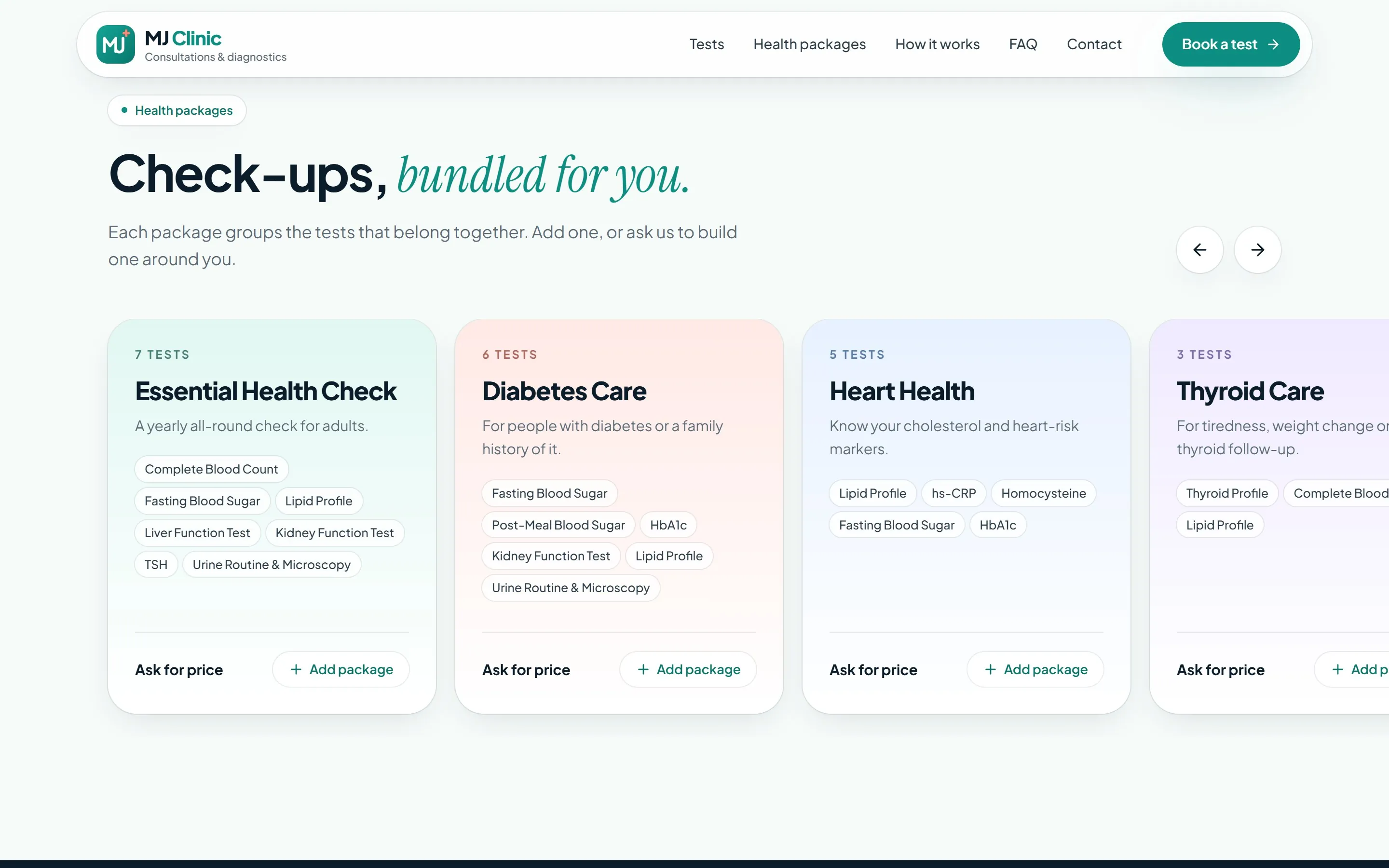 MJ Clinic health packages: Essential Health Check, Diabetes Care, Heart Health and Thyroid Care