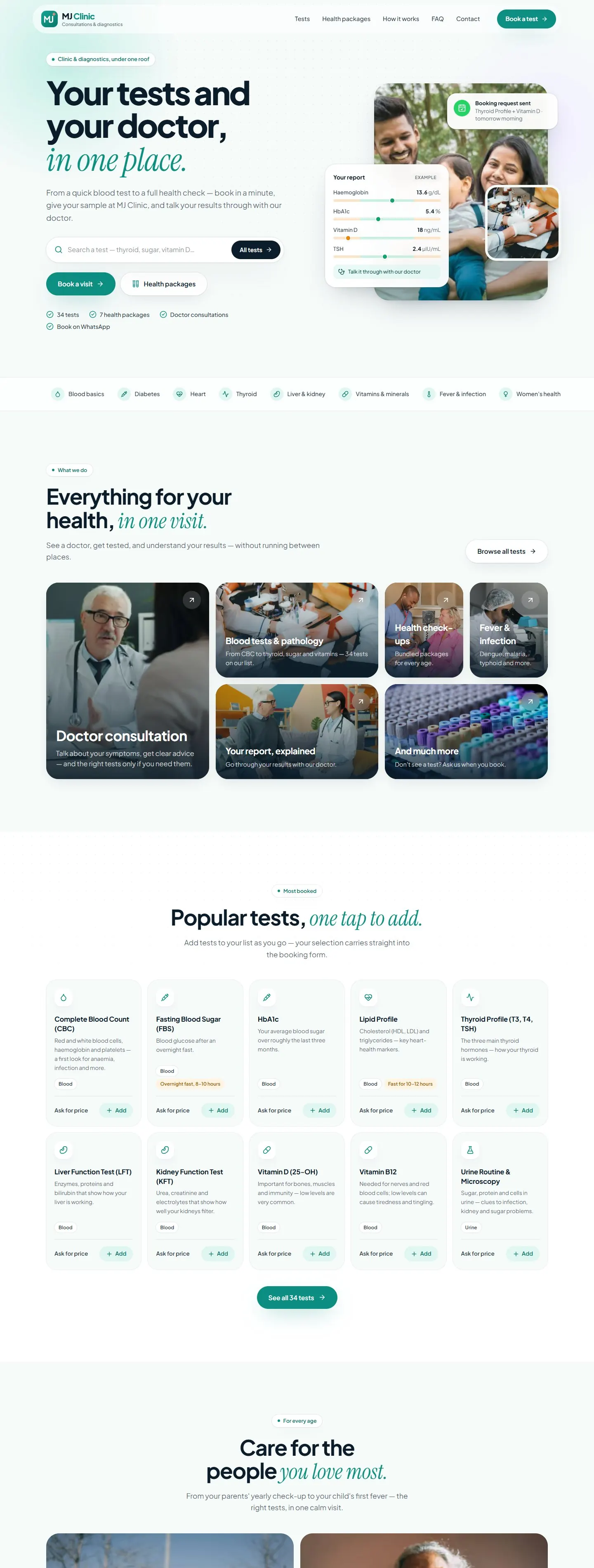 Full MJ Clinic homepage, from hero to services, popular tests and family care