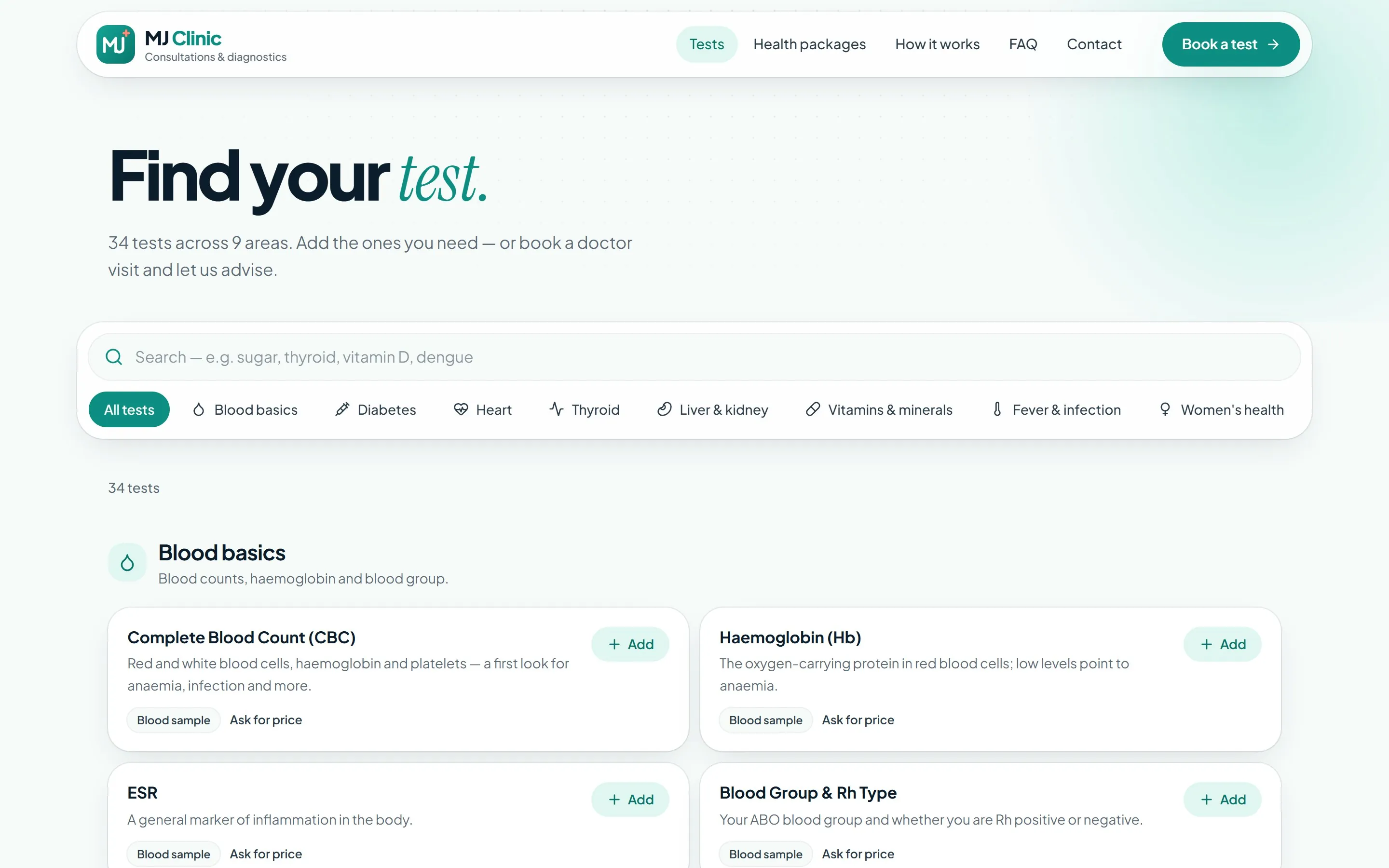 MJ Clinic test catalogue: “Find your test.” with search and category filters