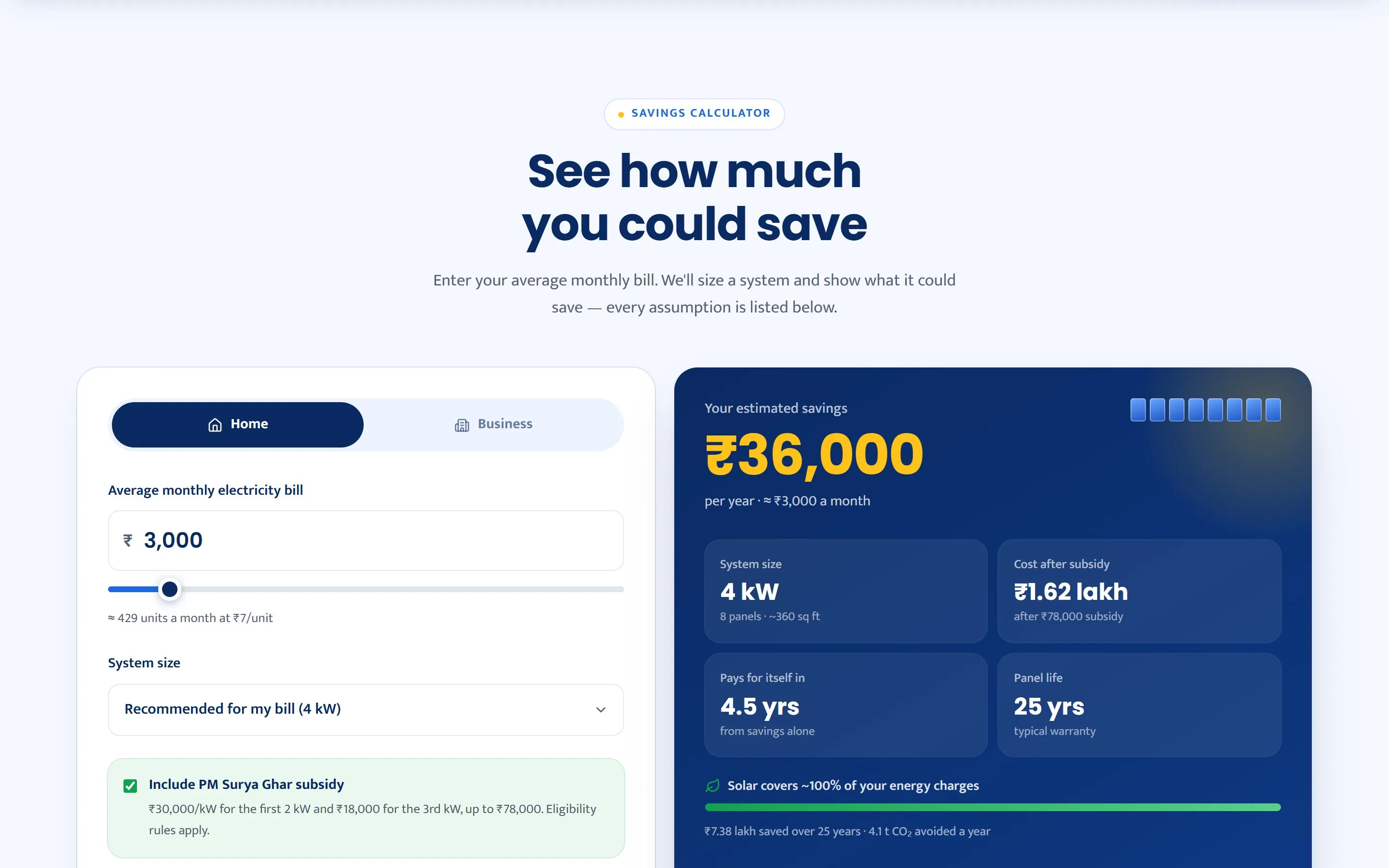Sol Life savings calculator estimating yearly savings from a monthly bill