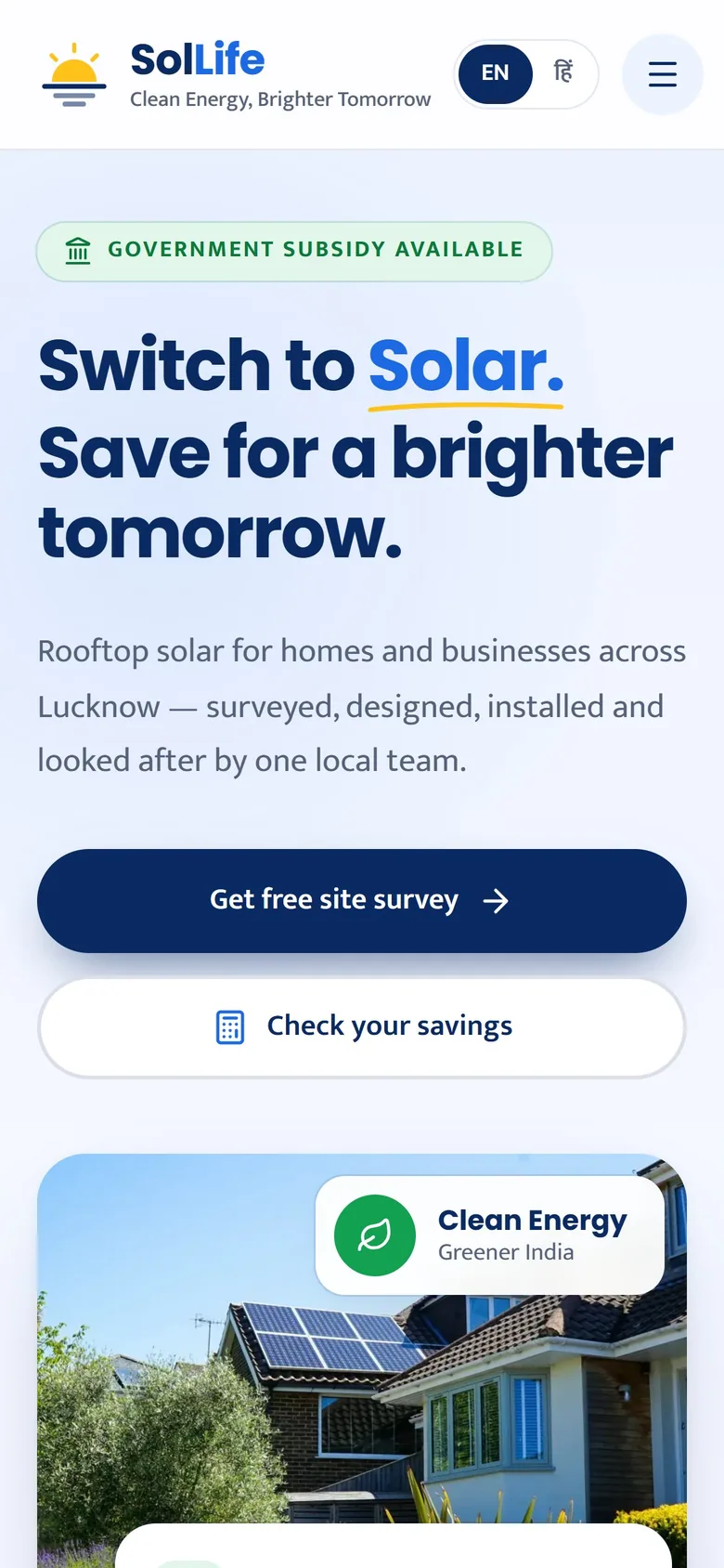 Sol Life Energy homepage in English on a phone