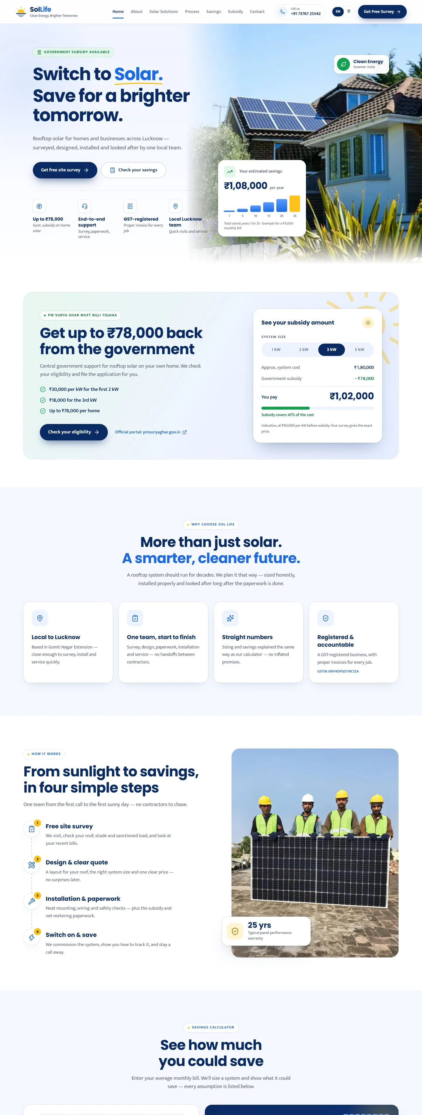 Full Sol Life Energy homepage, from hero to subsidy and process sections